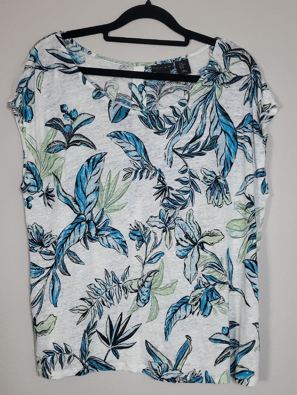 Tahari 100% Linen Tropical Leaf Print Top Size M Button Back Dolman Sleeve